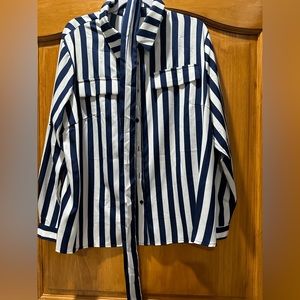 XL blue and white blouse with belt
